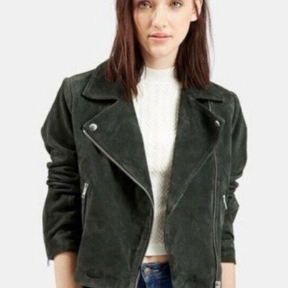 Topshop Moto Suede Jacket in Greenish/Grey Color (Size XS)